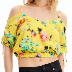 NEW*Desigual short gathered floral blouse Size:LARGE~yellow/multi-short sleeve